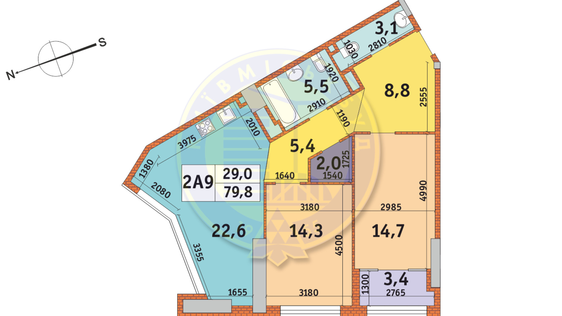 Планування 2-кімнатної квартири в ЖК Manhattan City 79.8 м², фото 146116