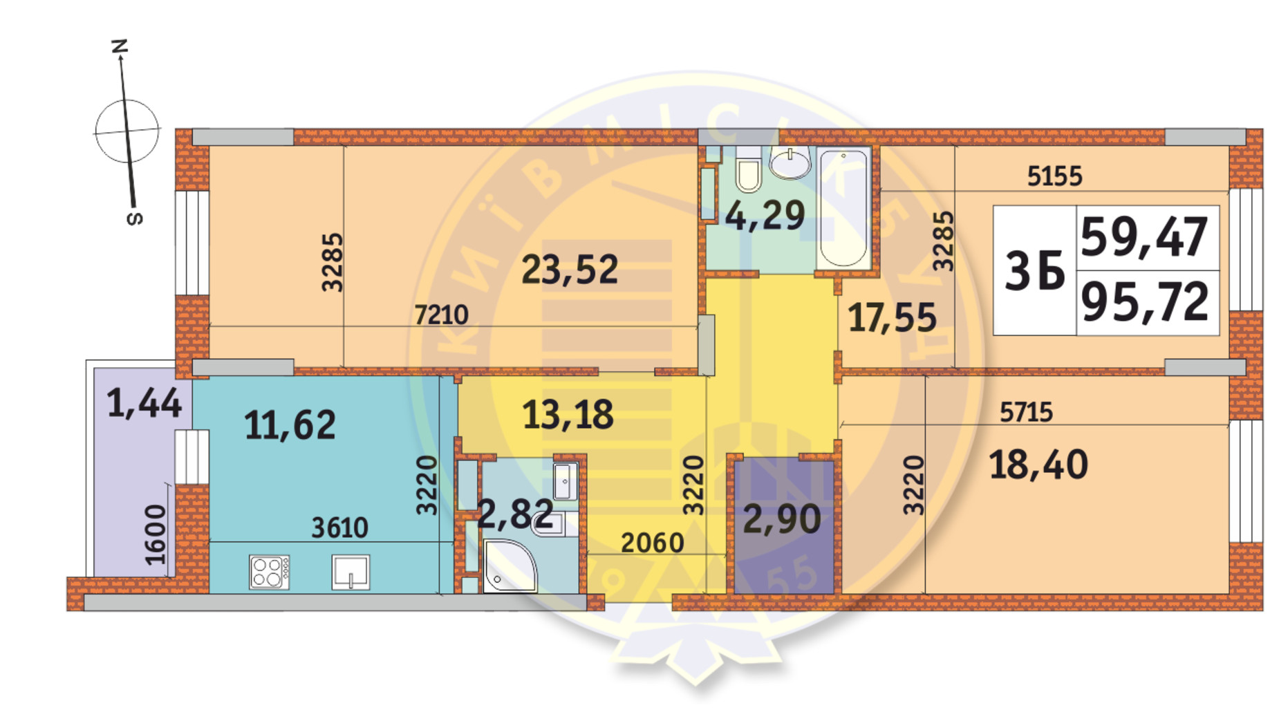 Планировка 3-комнатной квартиры в ЖК Mirax 95.72 м², фото 146117