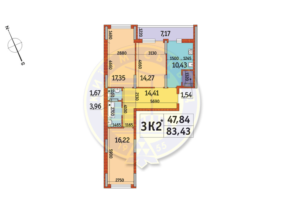Планування 3-кімнатної квартири в ЖК Отрада 83.43 м², фото 146118 Планування 3-кімнатної квартири в ЖК Отрада 83.43 м², фото 146118