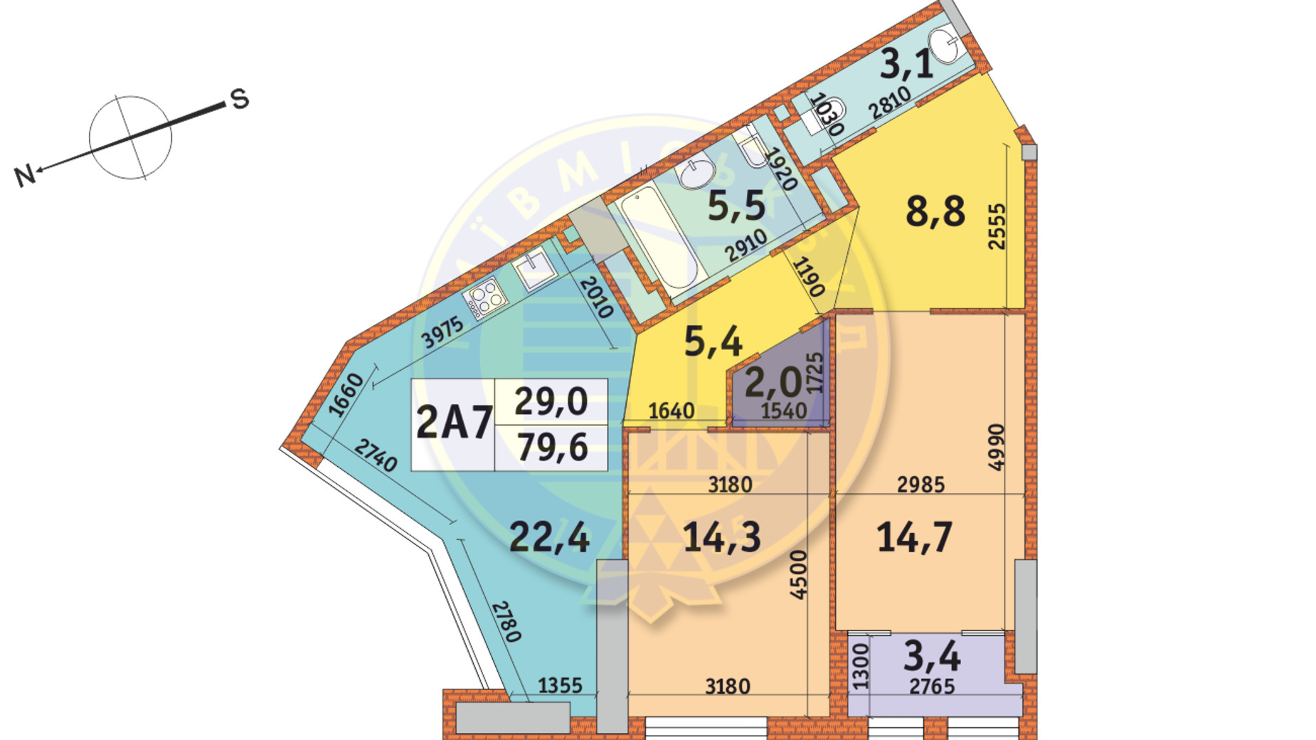 Планування 2-кімнатної квартири в ЖК Manhattan City 79.6 м², фото 146128