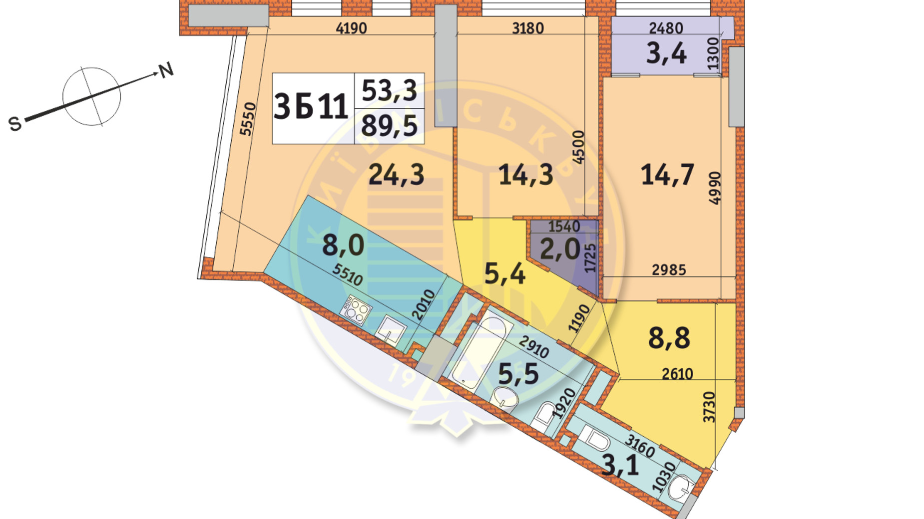 Планування 3-кімнатної квартири в ЖК Manhattan City 89.5 м², фото 146156