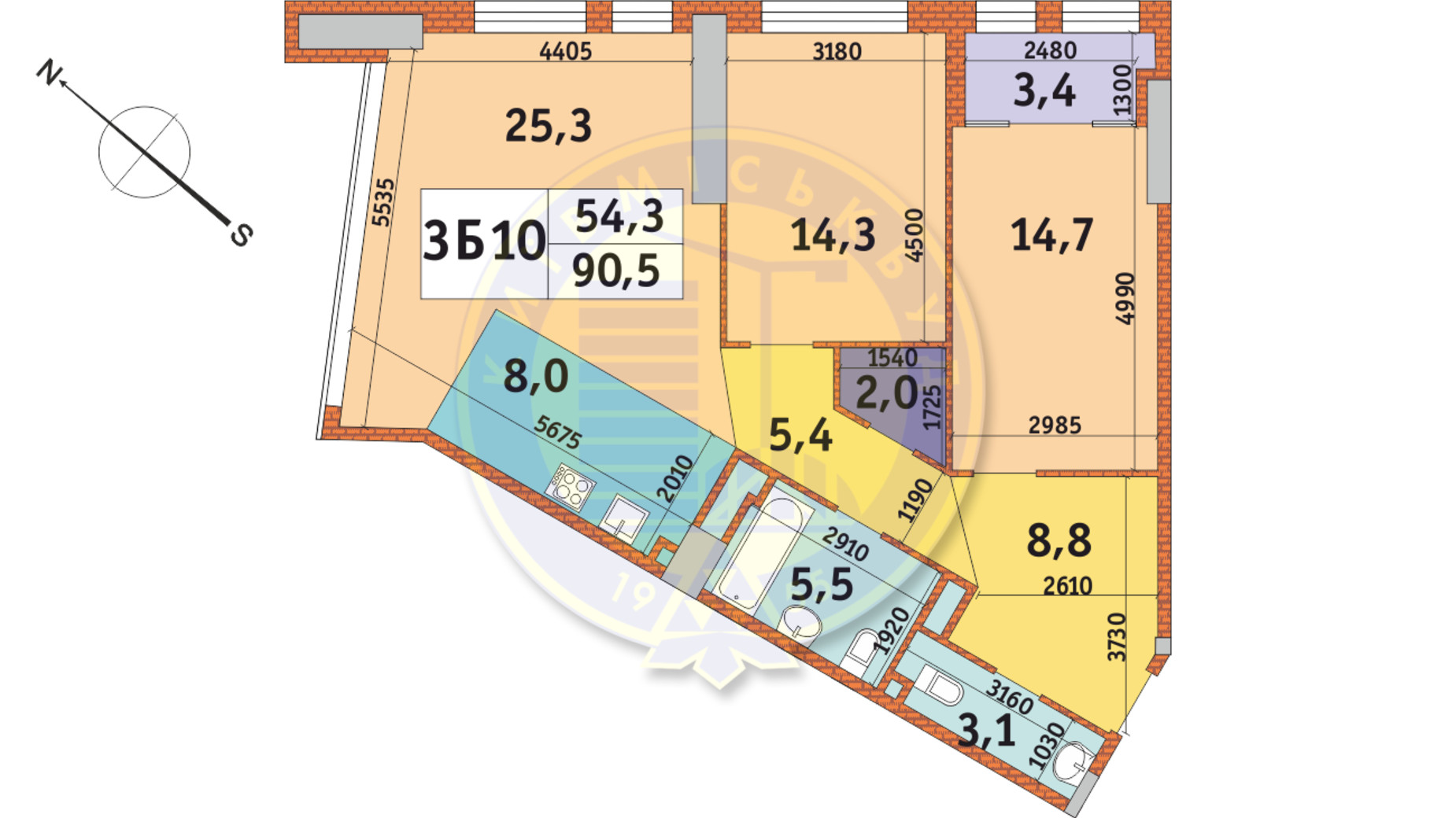 Планировка 3-комнатной квартиры в ЖК Manhattan City 90.5 м², фото 146162