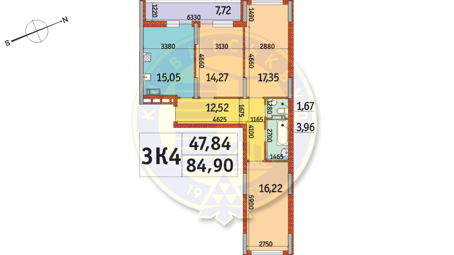 Планування 3-кімнатної квартири в ЖК Отрада 84.9 м², фото 146167