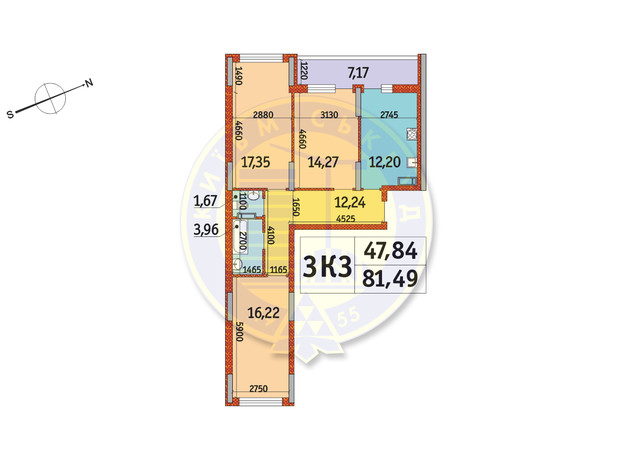 ЖК Отрада: планировка 3-комнатной квартиры 81.49 м²
