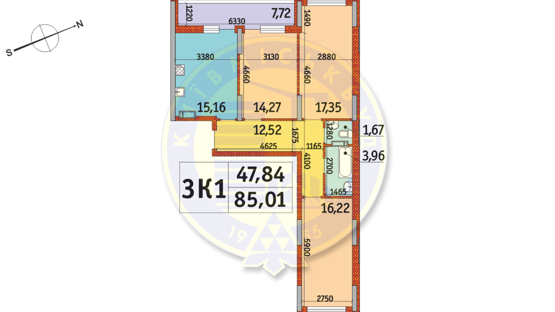 Планування 3-кімнатної квартири в ЖК Отрада 85.01 м², фото 146188