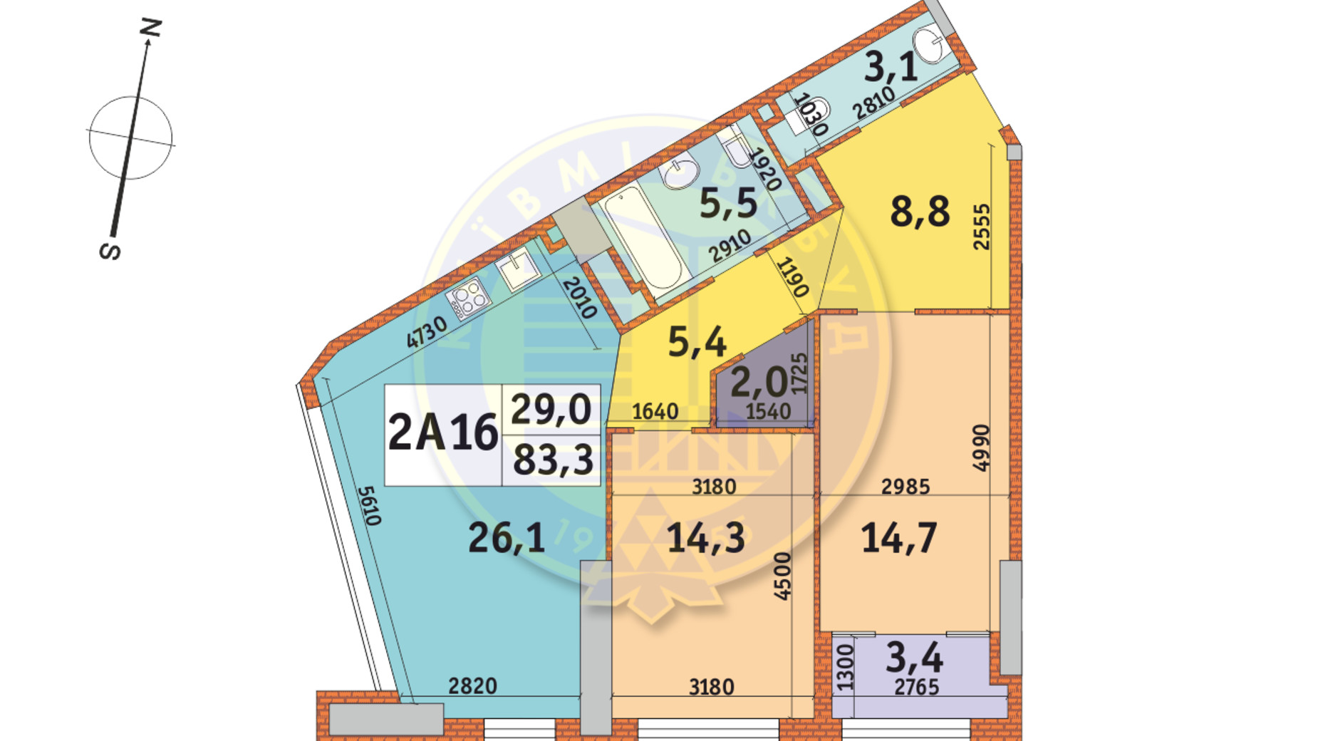 Планування 2-кімнатної квартири в ЖК Manhattan City 83.3 м², фото 146212