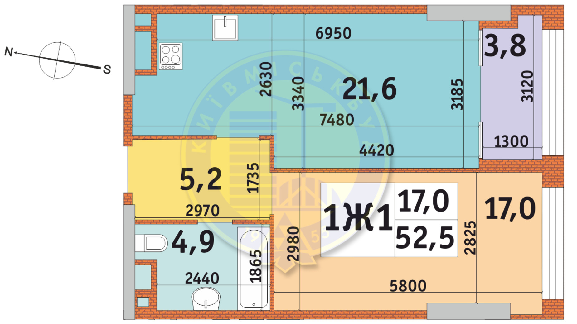 Планування 1-кімнатної квартири в ЖК Manhattan City 52.5 м², фото 146230