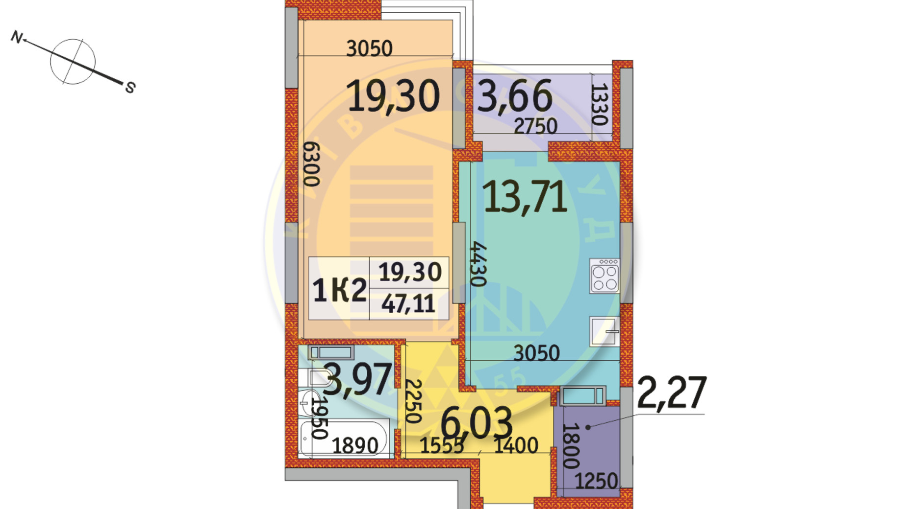 Планування 1-кімнатної квартири в ЖК Отрада 47.11 м², фото 146245