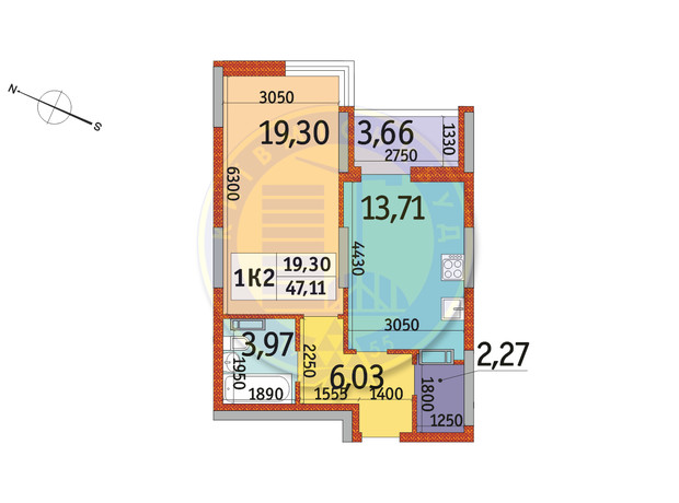 ЖК Отрада: планировка 1-комнатной квартиры 47.11 м²