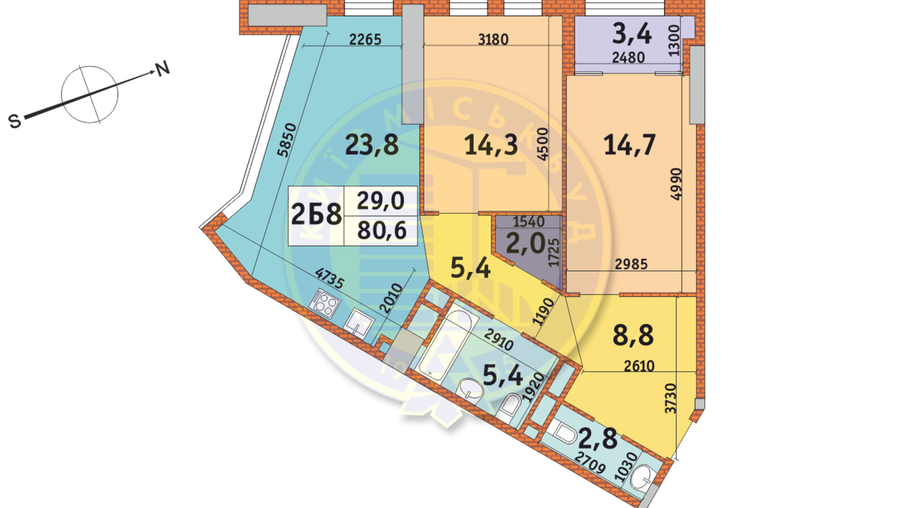 Планировка 2-комнатной квартиры в ЖК Manhattan City 80.6 м², фото 146404