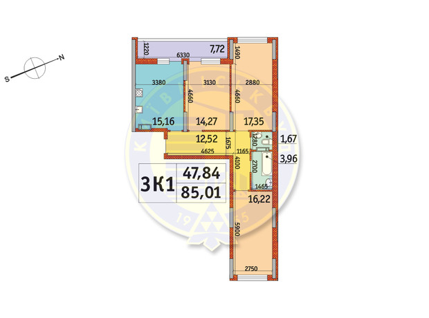 ЖК Отрада: планування 3-кімнатної квартири 85.01 м²