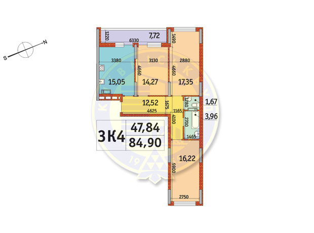 ЖК Отрада: планування 3-кімнатної квартири 84.9 м²