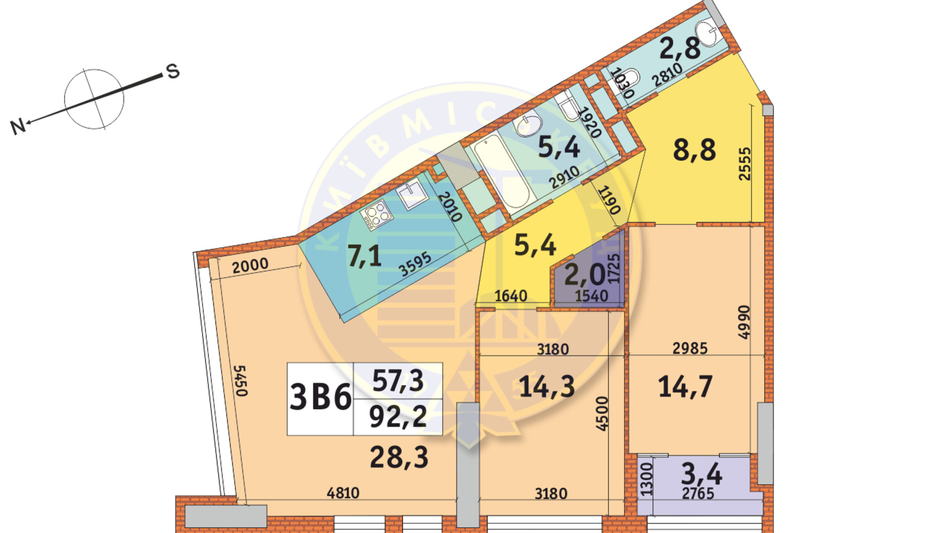 Планировка 3-комнатной квартиры в ЖК Manhattan City 92.2 м², фото 146448