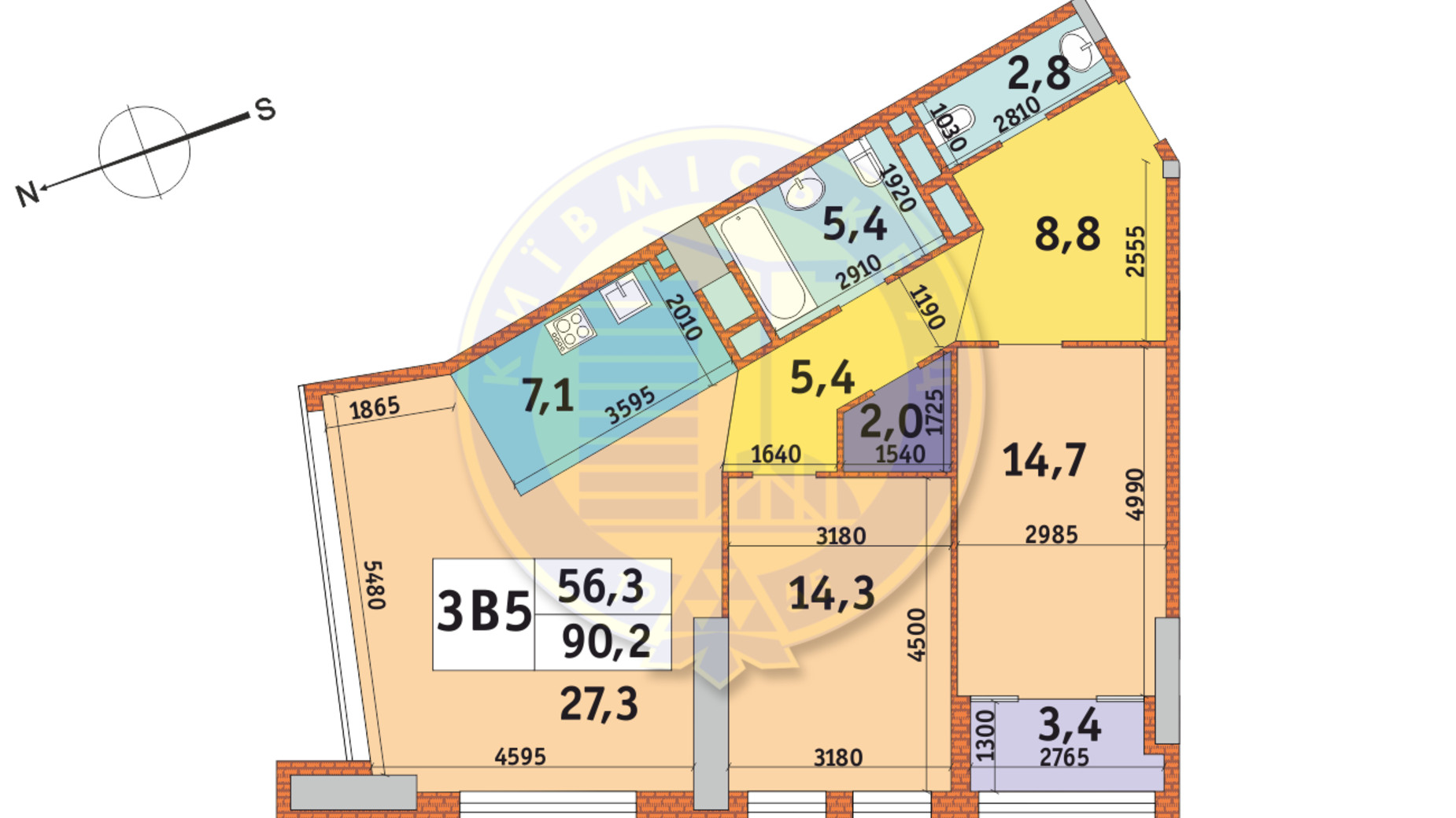 Планування 3-кімнатної квартири в ЖК Manhattan City 91.2 м², фото 146453