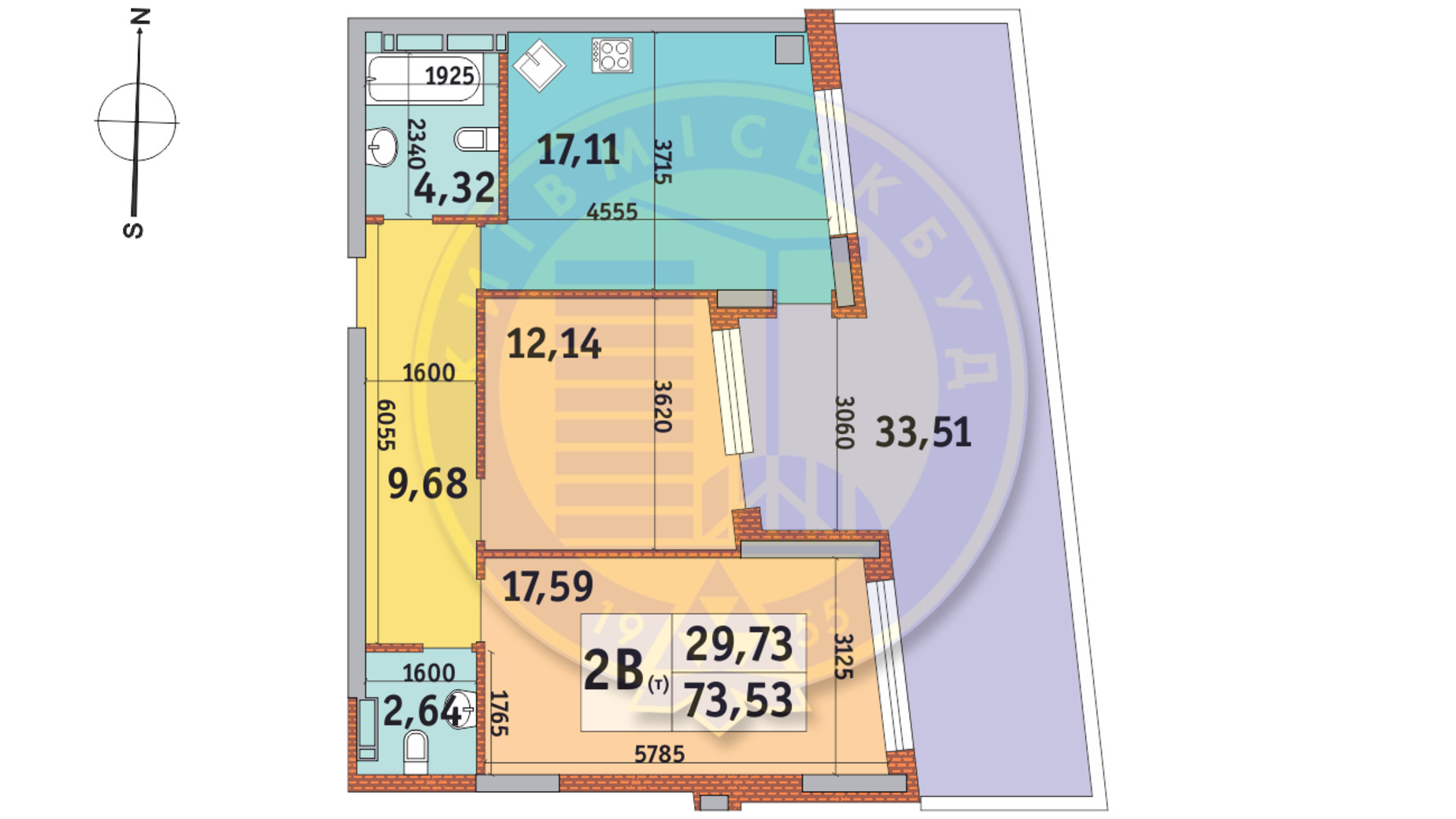 Планування 2-кімнатної квартири в ЖК Італійський квартал 73.53 м², фото 146457