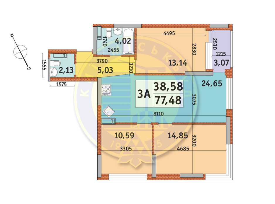 Планування 3-кімнатної квартири в ЖК Урлівський-1 77.48 м², фото 146504 Планування 3-кімнатної квартири в ЖК Урлівський-1 77.48 м², фото 146504