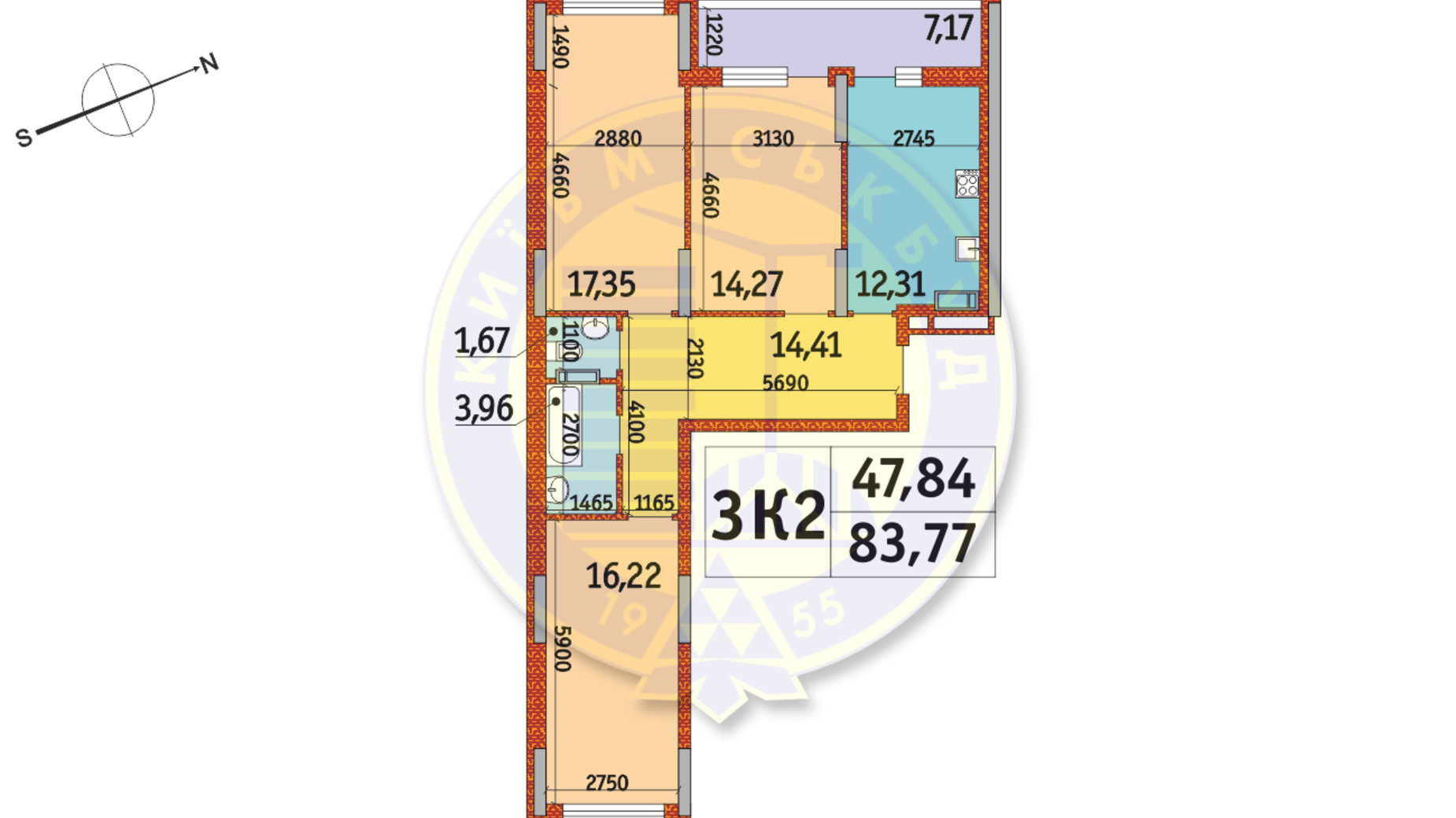 Планировка 3-комнатной квартиры в ЖК Отрада 83.77 м², фото 146527