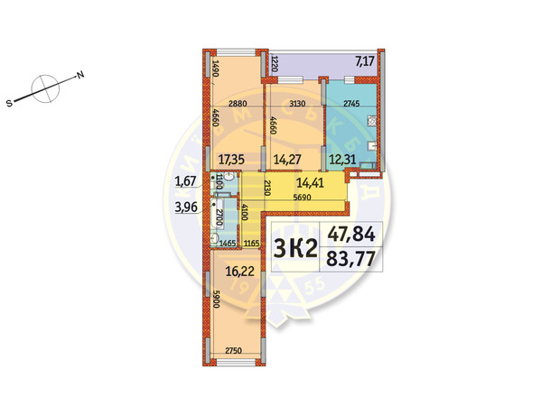 ЖК Отрада: планування 3-кімнатної квартири 83.77 м²