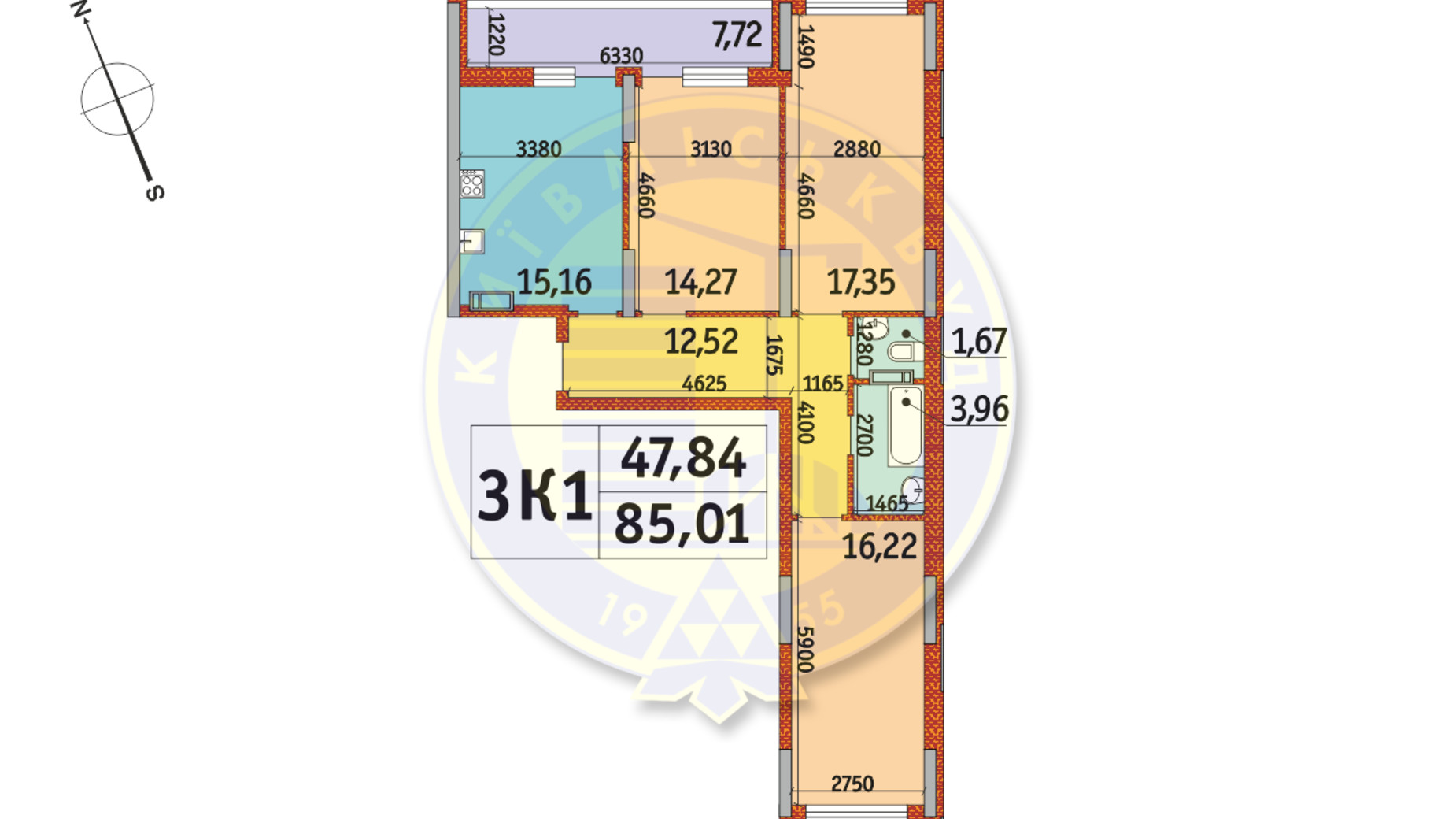 Планировка 3-комнатной квартиры в ЖК Отрада 85.01 м², фото 146581