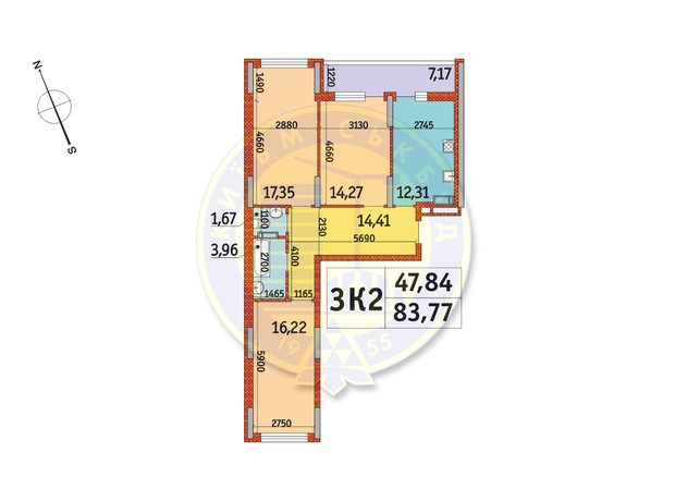 ЖК Отрада: планування 3-кімнатної квартири 83.77 м² ЖК Отрада: планування 3-кімнатної квартири 83.77 м²
