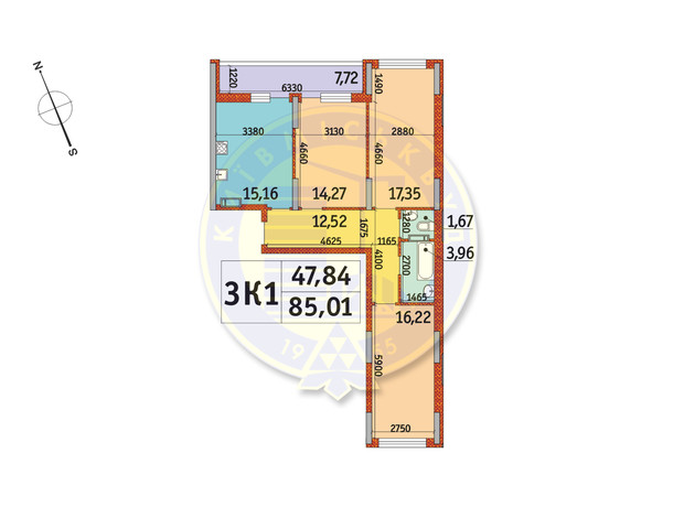 ЖК Отрада: планировка 3-комнатной квартиры 85.01 м²
