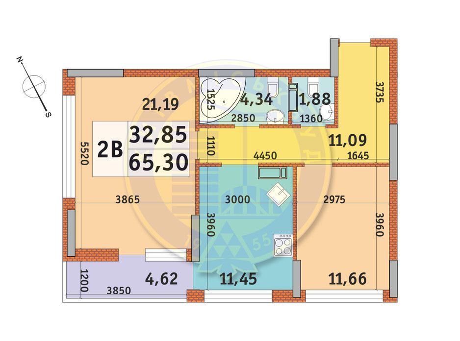 Планування 2-кімнатної квартири в ЖК Урлівський-1 65.3 м², фото 146646 Планування 2-кімнатної квартири в ЖК Урлівський-1 65.3 м², фото 146646