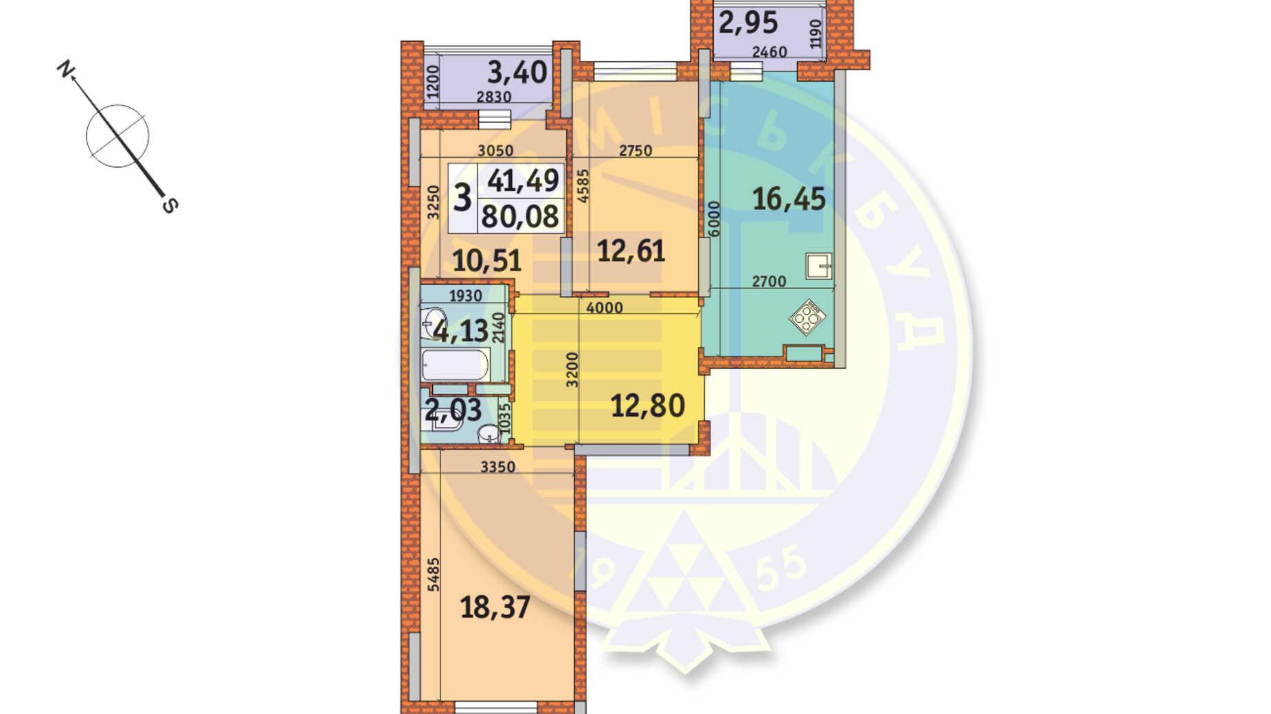 Планировка 3-комнатной квартиры в ЖК Медовый 80.08 м², фото 146660