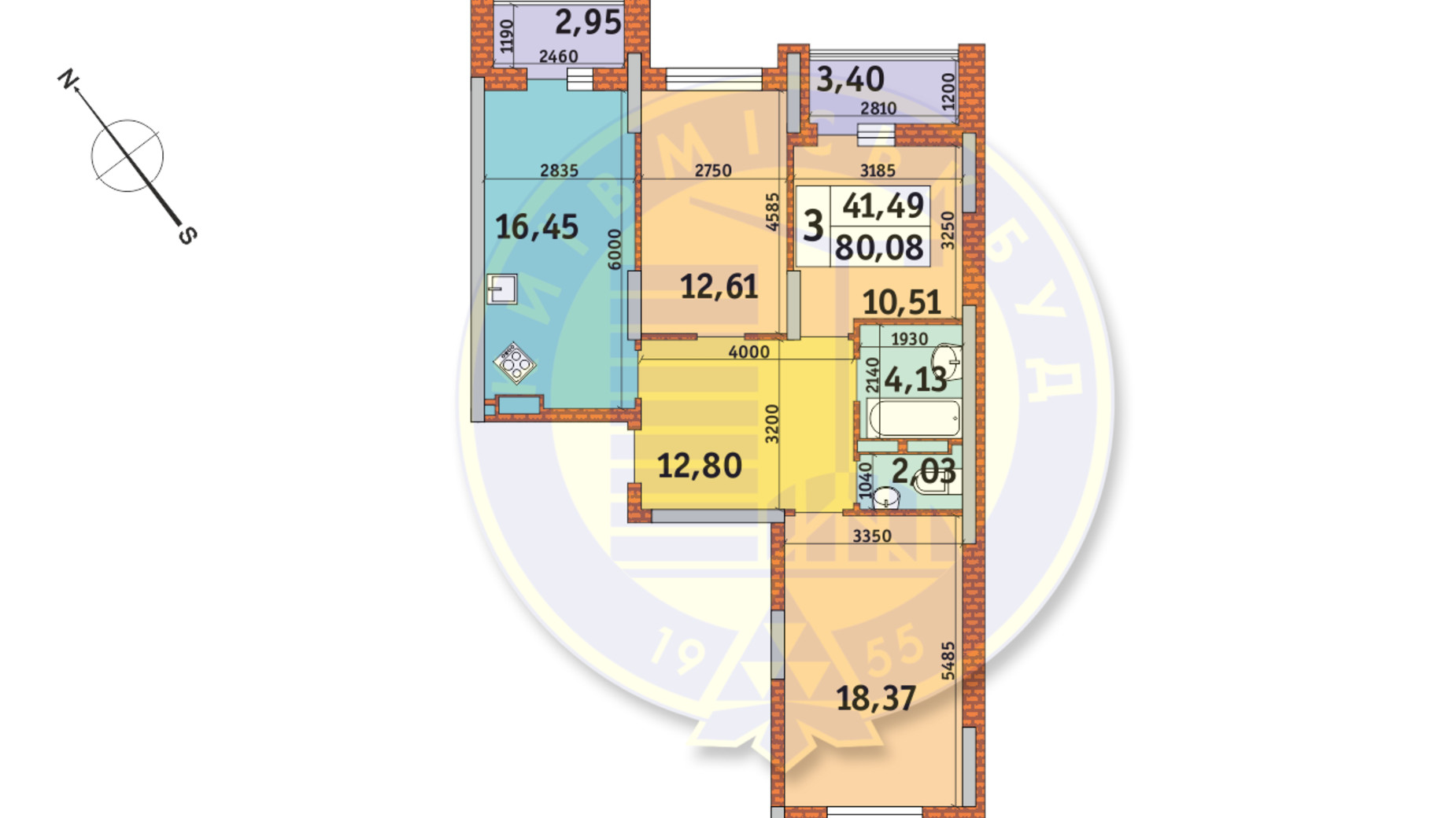 Планування 3-кімнатної квартири в ЖК Медовий 80.08 м², фото 146662