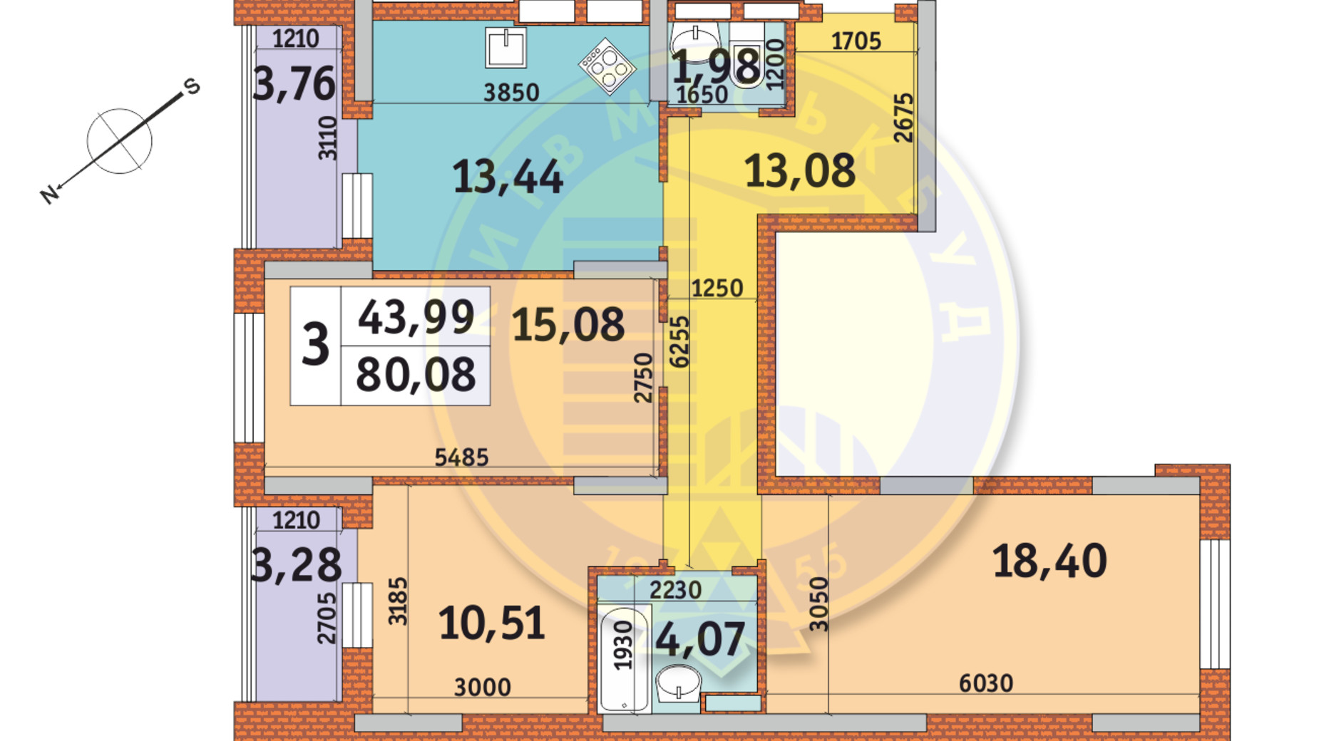 Планування 3-кімнатної квартири в ЖК Медовий 80.08 м², фото 146668