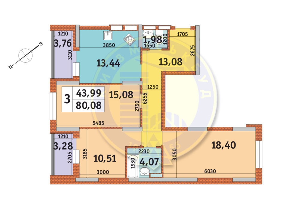 Планування 3-кімнатної квартири в ЖК «Медовий» 80.08 м², фото 146668 Планування 3-кімнатної квартири в ЖК «Медовий» 80.08 м², фото 146668