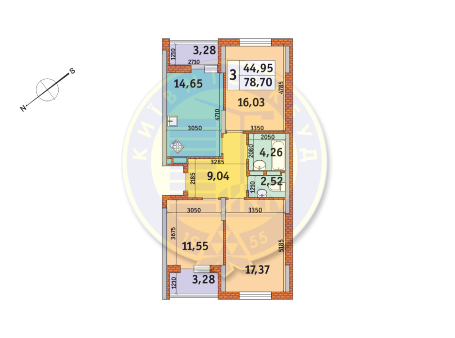 Планування 3-кімнатної квартири в ЖК «Медовий» 78.7 м², фото 146669 Планування 3-кімнатної квартири в ЖК «Медовий» 78.7 м², фото 146669