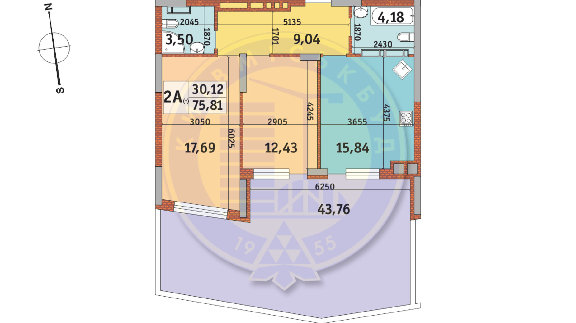 Планування 2-кімнатної квартири в ЖК Італійський квартал 75.81 м², фото 146676