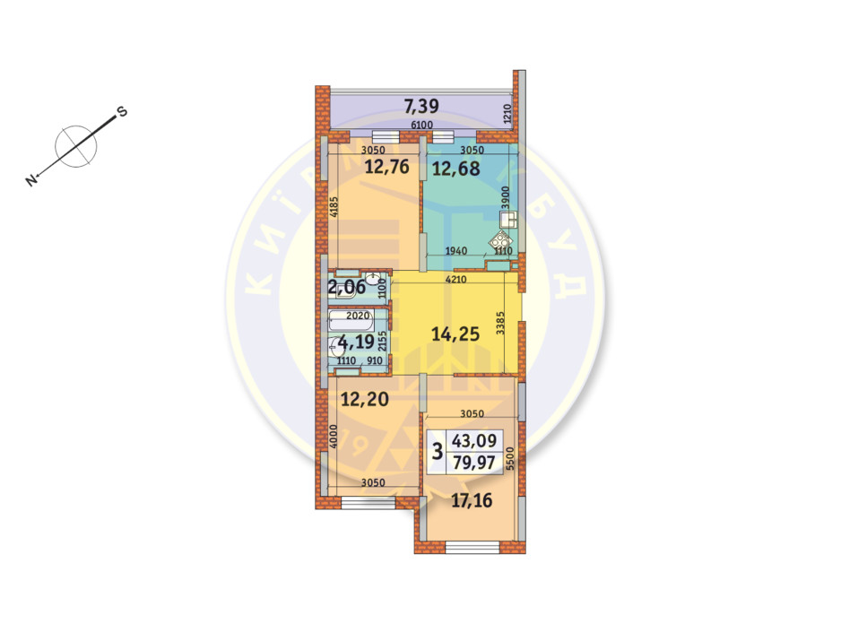 Планировка 3-комнатной квартиры в ЖК Медовый 79.97 м², фото 146685 Планировка 3-комнатной квартиры в ЖК Медовый 79.97 м², фото 146685