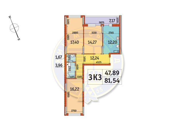 ЖК Отрада: планировка 3-комнатной квартиры 81.54 м²