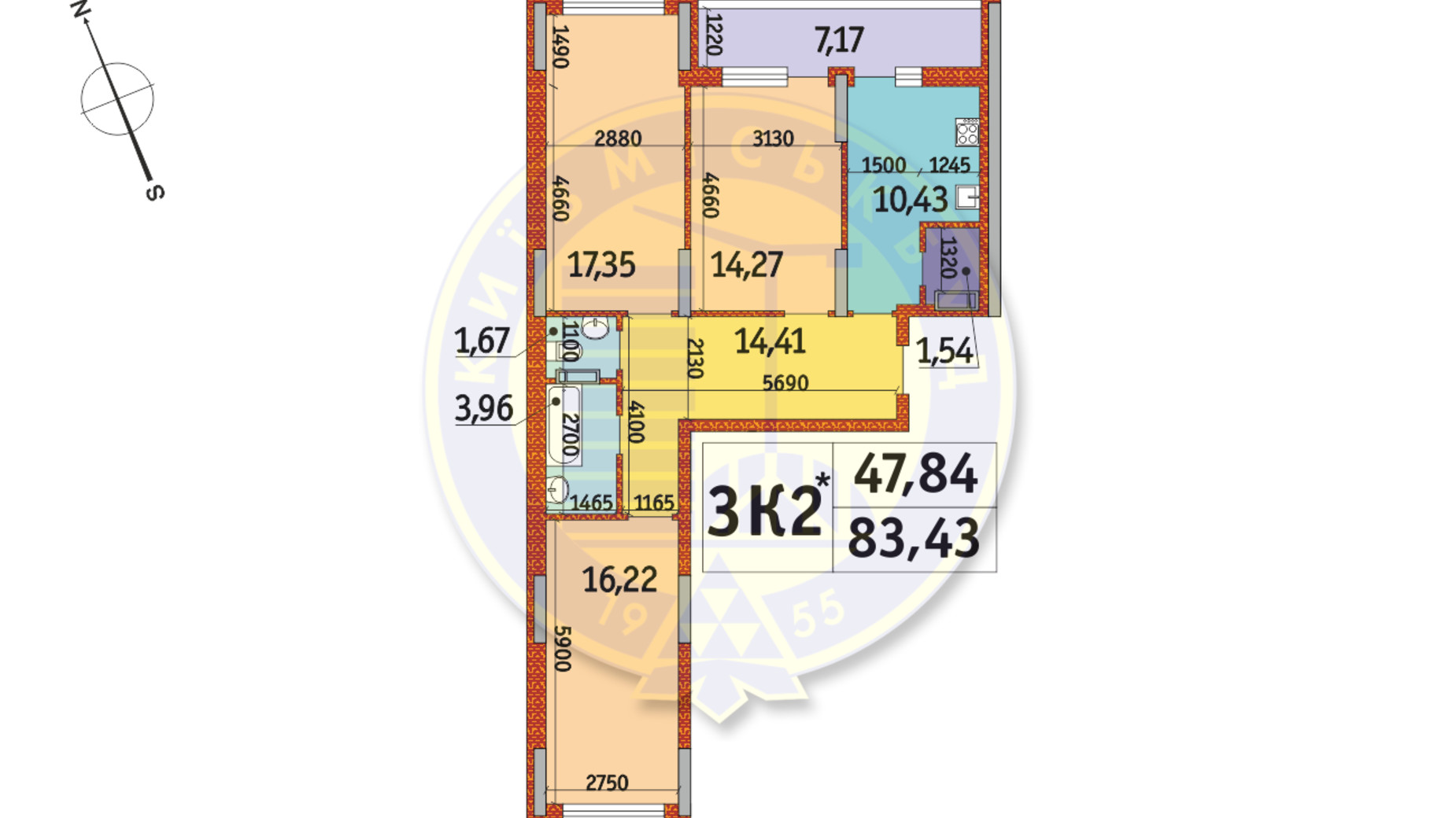 Планировка 3-комнатной квартиры в ЖК Отрада 83.43 м², фото 146751