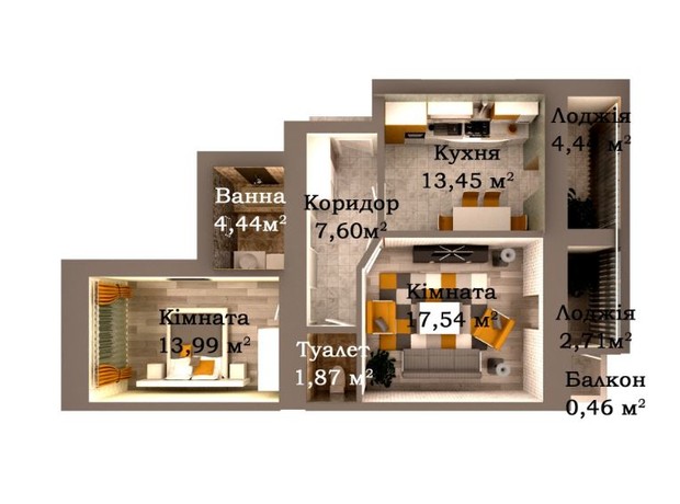 ЖК Caramel Residence: планування 2-кімнатної квартири 66.5 м²