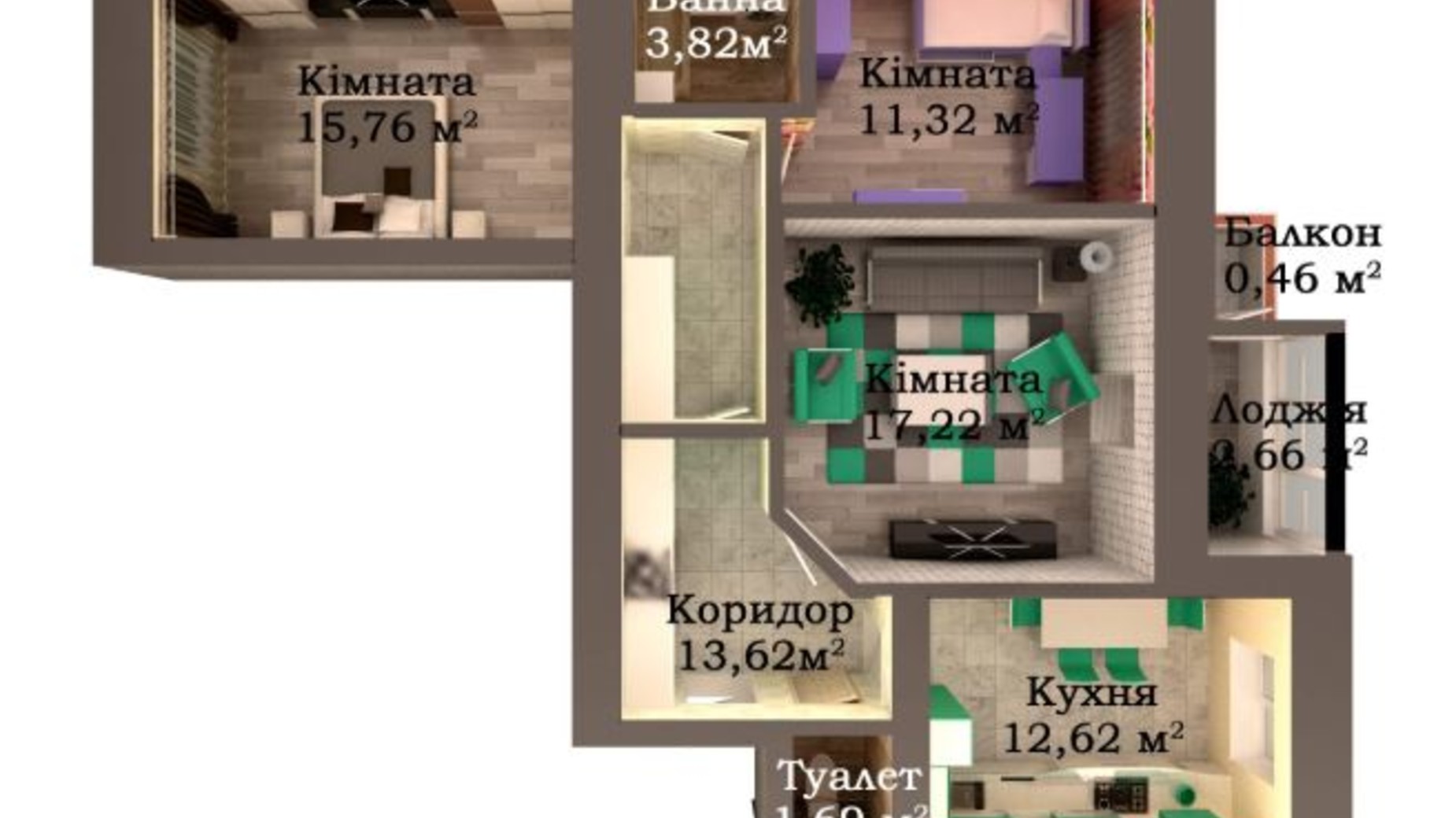 Планування 3-кімнатної квартири в ЖК Caramel Residence 79.17 м², фото 147876