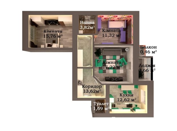 ЖК Caramel Residence: планування 3-кімнатної квартири 79.17 м²