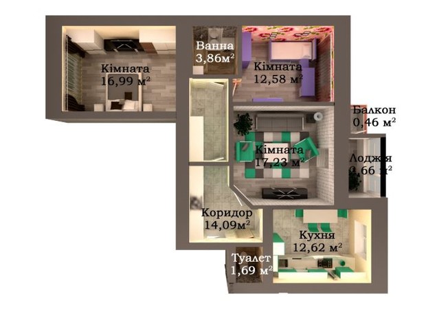 ЖК Caramel Residence: планування 3-кімнатної квартири 82.18 м²