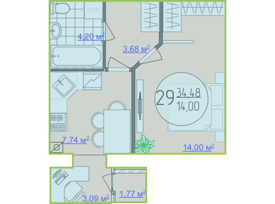 Планування 1-кімнатної квартири в ЖК Кемпінг Сіті 34.48 м², фото 148245 Планування 1-кімнатної квартири в ЖК Кемпінг Сіті 34.48 м², фото 148245