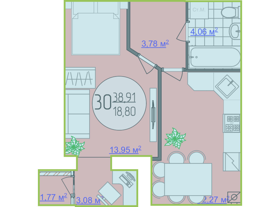 Планування 1-кімнатної квартири в ЖК Кемпінг Сіті 38.91 м², фото 148250 Планування 1-кімнатної квартири в ЖК Кемпінг Сіті 38.91 м², фото 148250