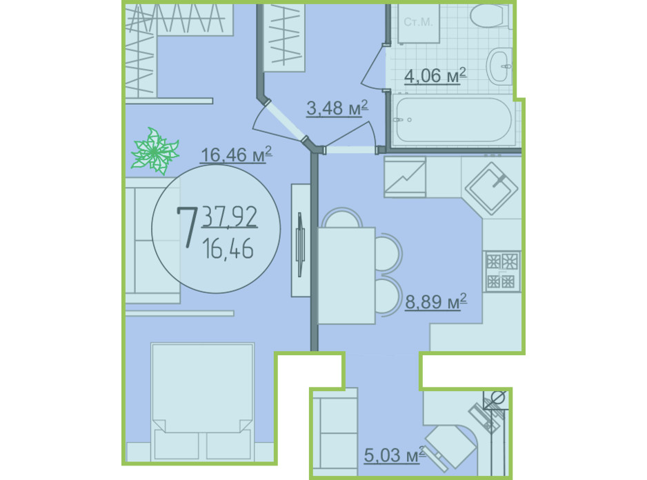 Планировка 1-комнатной квартиры в ЖК Кемпинг Сити 37.92 м², фото 148257 Планировка 1-комнатной квартиры в ЖК Кемпинг Сити 37.92 м², фото 148257