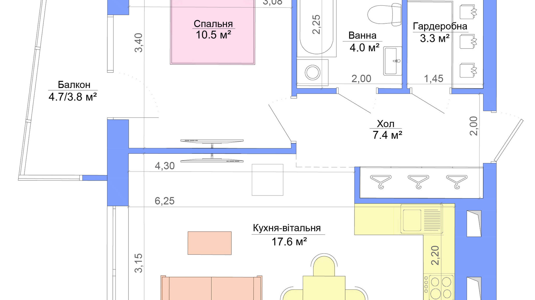 Планировка 1-комнатной квартиры в ЖК Legenda 46.6 м², фото 148345