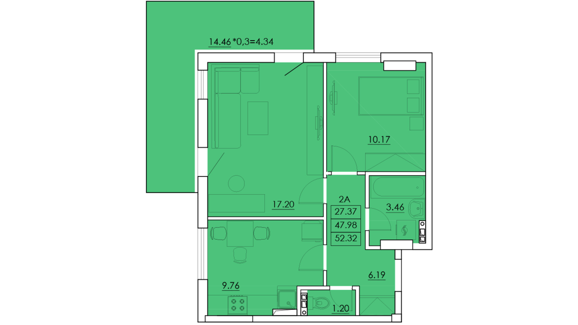 Планировка 2-комнатной квартиры в ЖК Ventum 52.3 м², фото 148414