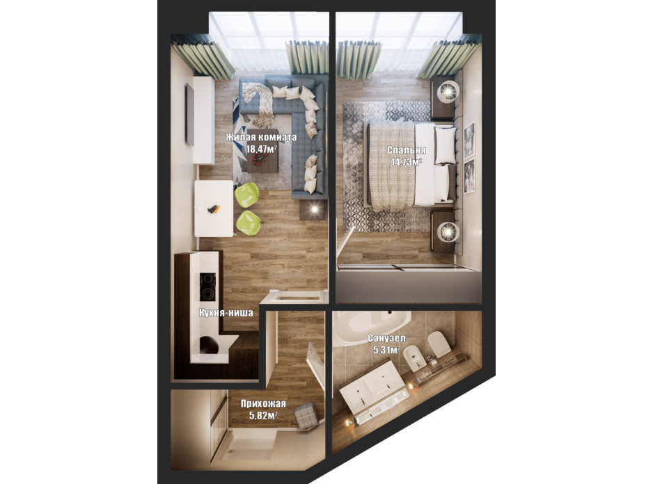 Планировка 1-комнатной квартиры в ЖК Bartolomeo Resort Town 45.89 м², фото 148554 Планировка 1-комнатной квартиры в ЖК Bartolomeo Resort Town 45.89 м², фото 148554