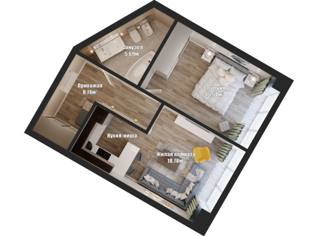 ЖК Bartolomeo Resort Town: планування 1-кімнатної квартири 50.44 м²