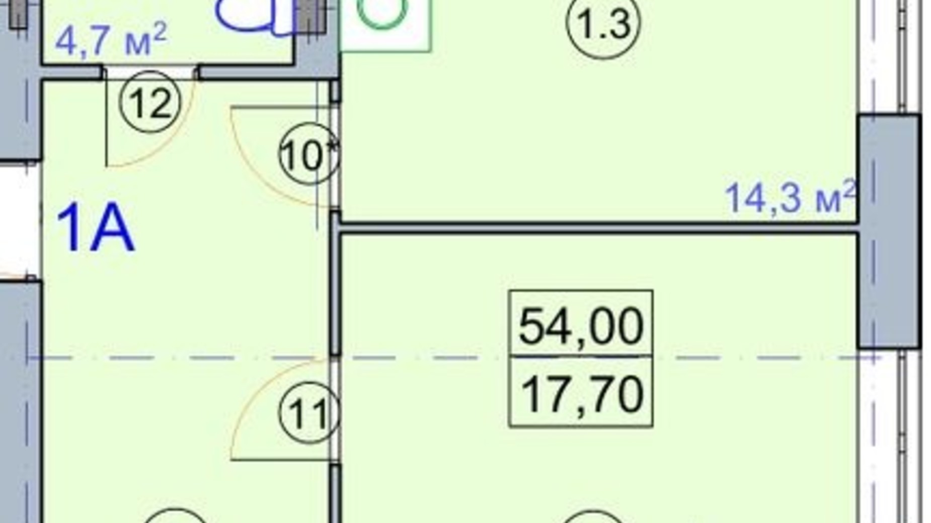 Планировка 1-комнатной квартиры в ЖК по ул. Первомайская 54.75 м², фото 149243