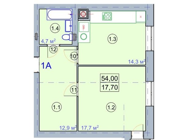 ЖК по ул. Первомайская: планировка 1-комнатной квартиры 54.75 м²