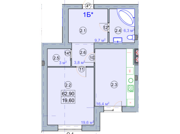 ЖК по вул. Першотравнева: планування 1-кімнатної квартири 62.9 м²