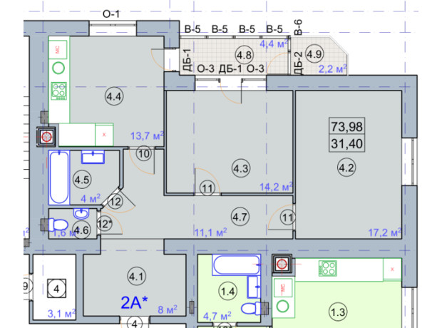 ЖК по ул. Первомайская: планировка 2-комнатной квартиры 73.32 м²